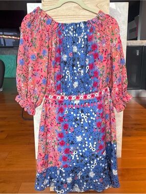 SALONI Coral Pink and Royal Blue Floral Off-Shoulder Dress